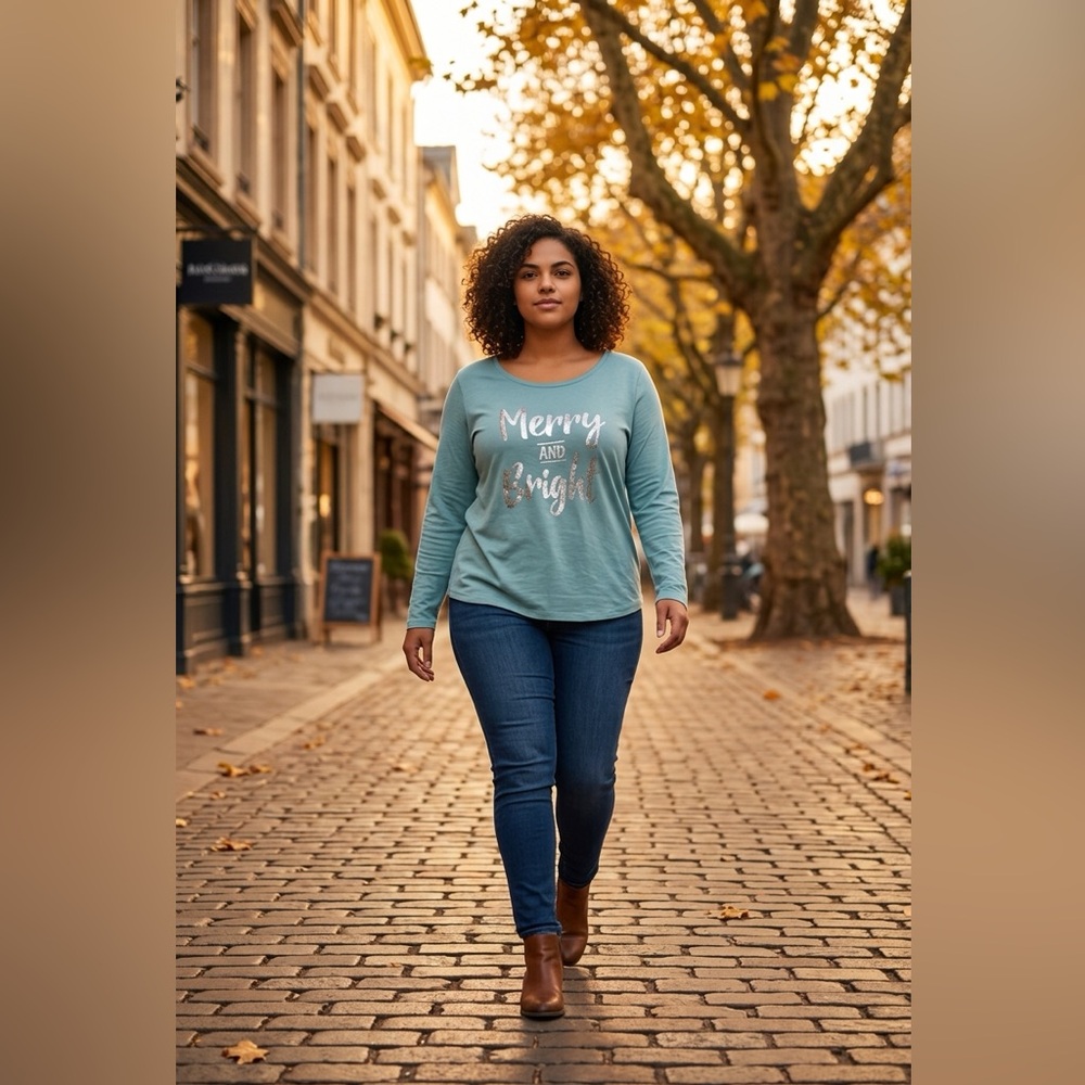 LOFT Women's Long-Sleeve 'Merry and Bright' Tee in Dusty Teal